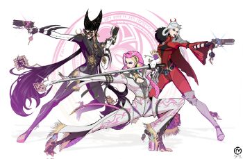 3girls aiming ankle_gun bayonetta bayonetta_(series) bayonetta_3 black_bodysuit black_hair bodysuit braid crysmilk eyeshadow eyewear_on_head full_body glass gun hair_horns handgun highres jeanne_(bayonetta) long_hair makeup multiple_girls pink_hair purple_eyeshadow quadruple_wielding red_bodysuit redesign sigil standing sword very_long_hair viola_(bayonetta) weapon white_background white_bodysuit white_hair