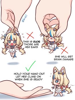 &gt;_&lt; 1girl 1other absurdres ahoge animal_ear_fluff animal_ears blonde_hair blue_eyes blue_hair cat_ears checkmark chibi disembodied_hand dress english_text fins fish_girl fish_tail grabbing_another&#039;s_ear hand_on_another&#039;s_ear highres how_to_hold_x_(meme) indie_virtual_youtuber lifebuoy_hair_ornament lifting_person long_hair low_twintails meme mini_person minigirl multicolored_hair sameko_saba squeezing streaked_hair tail twintails varliet very_long_hair virtual_youtuber white_background white_dress x_(symbol) x_mark