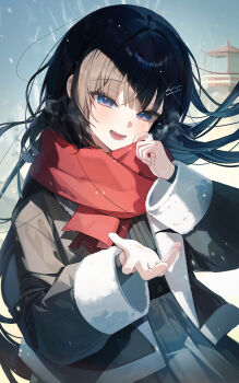1girl :d absurdres black_coat black_hair blunt_bangs blush coat commentary_request grey_sweater hair_ornament hairclip highres lighthouse long_hair long_sleeves looking_at_viewer myowa open_clothes open_coat open_mouth original outdoors purple_eyes red_scarf ribbed_sweater scarf smile solo sweater teeth upper_teeth_only very_long_hair winter