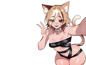 1girl absurdres adramallih animal_ear_fluff animal_ears arm_out_of_frame bandages bandaid bandaid_on_face bandaid_on_nose breasts brown_eyes brown_hair brown_streaks cat_ears cat_girl cat_tail censored collar collarbone commentary cowboy_shot double-parted_bangs english_commentary hand_up heterochromia highres leaning_forward looking_at_viewer mao_(adramallih) mole mole_under_eye multicolored_hair naked_bandage navel open_mouth original paid_reward_available selfie short_hair simple_background small_breasts smile solo streaked_hair tail thick_thighs thighs v white_background white_collar white_streaks yellow_eyes