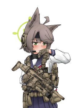 1girl absurdres ammunition_pouch animal_ear_fluff animal_ears assault_rifle belt blue_archive blue_skirt blush bulletproof_vest commentary_request eotech_exps3 fn_scar_16 furrowed_brow gloves green_eyes green_halo grey_hair gun halo headphones highres holding holding_gun holding_weapon hybrid_sight laser_sight microphone military neckerchief otogi_(blue_archive) otogichan_hshs pouch red_neckerchief rifle school_uniform shirt skirt suppressor sweatdrop tactical_clothes tactical_school_uniform trigger_discipline weapon white_shirt