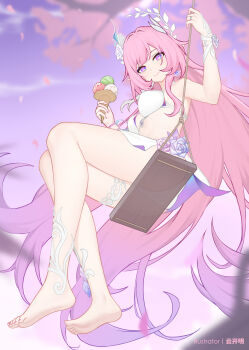 1girl absurdly_long_hair alternate_costume artist_name ass bare_legs bare_shoulders barefoot bikini blurry blurry_background blurry_foreground breasts closed_mouth commentary_request cyrene_(honkai:_star_rail) cyrene_(ripples_of_past_reverie)_(honkai:_star_rail) depth_of_field diamond-shaped_pupils diamond_(shape) earrings feet flower from_below full_body gradient_hair hair_flower hair_ornament highres holding holding_ice_cream_cone honkai:_star_rail honkai_(series) ice_cream_cone jewelry legs long_hair looking_at_viewer looking_down medium_breasts multicolored_hair nail_polish on_swing outdoors paid_reward_available pink_hair pink_nails pink_petals pointy_ears purple_eyes purple_sky rose sarong sitting sky smile soles solo swimsuit swing symbol-shaped_pupils thighlet thighs toes very_long_hair white_bikini white_flower white_rose white_sarong yunkaiming