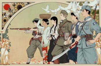 3boys 3girls ammunition_pouch bandana basket basket_on_head beret binoculars bird black_hair blue_vest breeches brown_hair brown_pants brown_vest commentary dadao_sword dao_(weapon) dark_skin earrings english_commentary feet_out_of_frame floral_print flower garrison_cap green_jacket grey_jacket grey_pants guerrilla gun hair_flower hair_ornament hand_on_own_hip hat highres holding holding_basket holding_gun holding_sword holding_weapon jacket jewelry korean_clothes long_hair ludanling m1_garand medal military_uniform multiple_boys multiple_girls national_revolutionary_army neckerchief original pants pants_tucked_in pigeon pouch red_neckerchief red_skirt red_sun rifle second_sino-japanese_war serious shirt short_hair skirt soldier soviet_army star_(symbol) sunflower sword twintails vest weapon white_bandana white_neckerchief white_shirt