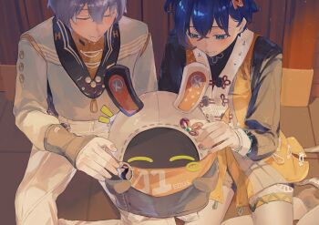 1boy 1girl 1other absurdres accessories bandana bandana_around_neck bangboo_(zenless_zone_zero) beizi_(clothing) belle_(delicate_sunlight)_(zenless_zone_zero) belle_(zenless_zone_zero) blue_hair bracelet brother_and_sister chinese_clothes closed_eyes commentary_request dress dress_over_shirt eous_(zenless_zone_zero) green_eyes grey_hair grey_jacket hair_between_eyes hair_ornament highres jacket jewelry lapel_pin letter_hair_ornament looking_at_another official_alternate_costume orange_bandana orange_dress orange_scarf pants pantyhose run_(yukatokabe) scarf short_hair siblings sitting smile teeth thigh_strap white_pants white_pantyhose wise_(soaring_crane)_(zenless_zone_zero) wise_(zenless_zone_zero) zenless_zone_zero