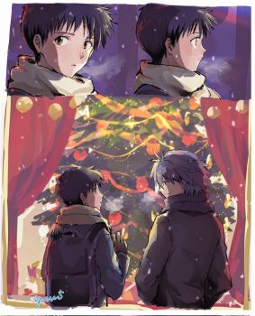 Rule 34 | 2boys, backpack, bag, border, christmas lights, christmas ornaments, christmas tree, commentary request, corrupted twitter file, eye contact, height difference, highres, ikari shinji, looking at another, male focus, multiple boys, nagisa kaworu, neon genesis evangelion, scarf, signature, snowing, white border, yaoi, yorumi1117