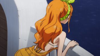 10s 1girl 2019 animated animated_gif bangle bare_shoulders bikini bikini_under_clothes bow bow_hairband bracelet breasts cleavage clima-tact earrings green_hairband hair_ribbon hairband jewelry large_breasts long_hair nami_(one_piece) narrow_waist official_alternate_costume one_piece one_piece:_stampede orange_eyes orange_hair orange_overalls overall_shorts overalls pearl_earrings ribbon ship sideboob sidelocks solo swimsuit tagme teeth thousand_sunny upper_body v-shaped_eyebrows watercraft wavy_hair white_bikini wide-eyed wide_hips yellow_overalls