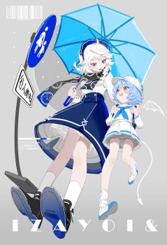 2girls absurdres aibivy alternate_costume alternate_hair_color aqua_shoes aqua_umbrella arm_behind_back backpack bag barcode bat_wings black_footwear black_scarf blue_eyes blue_footwear blue_hair blue_nails blue_neckwear blue_scarf blue_skirt blue_umbrella blurry blush censored censored_text character_name clock_print contemporary demon_tail fingernails fisheye full_body gradient_scarf grey_background hand_on_another's_shoulder happy hat highres holding holding_umbrella izayoi_sakuya japanese_text knees light_blue_hair long_sleeves looking_at_another looking_down looking_up maid_headdress mini_wings miniskirt multiple_girls nail_polish perspective pleated_skirt red_eyes remilia_scarlet road_sign sailor_collar scarf school_hat school_uniform serafuku shirt shirt_tucked_in shoes short_hair sign single_stripe skirt smile socks static striped_legwear tail text_focus touhou umbrella white_hair white_hat white_legwear white_shirt wings