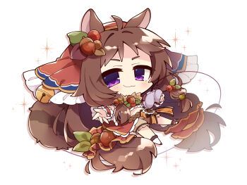 Rule 34 | 1girl, :3, acorn hair ornament, animal ears, bell, blush, brown hair, brown shoes, brown shorts, chibi, chibi only, closed mouth, commentary request, crop top, full body, headscarf, highres, jingle bell, long hair, looking at viewer, midriff, misosiru 0224, navel, princess connect!, purple eyes, red headscarf, rin (princess connect!), shoes, shorts, simple background, smile, socks, solo, squirrel ears, squirrel girl, squirrel tail, tail, white background, white socks