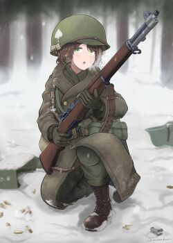 Rule 34 | 101st airborne, 1girl, 506th parachute infantry regiment (us army), absurdres, ammunition pouch, artist name, battle of the bulge, boots, brown boots, brown hair, coat, combat helmet, commentary request, finger on trigger, gloves, green eyes, green gloves, green helmet, green jacket, gun, helmet, highres, holding, holding weapon, jacket, m1 garand, m1 helmet, military, military combat uniform, military uniform, open mouth, original, pouch, revision, rifle, savankov, siege of bastogne, snow, snowing, solo, squatting, stahlhelm, tree, trench coat, united states army, weapon, winter, world war ii