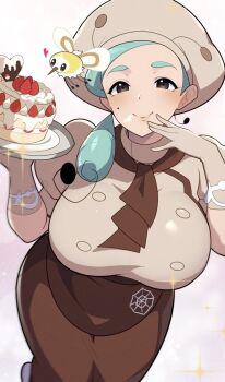 1girl apron ascot brown_apron brown_ascot brown_eyes brown_skirt bug buttons chef_hat commentary_request cutiefly gen_7_pokemon green_hair hat katy_(pokemon) low_side_ponytail mituyota_76 mole mole_on_cheek nintendo pokemon pokemon_(creature) pokemon_scarlet_and_violet puffy_short_sleeves puffy_sleeves short_sleeves side_ponytail skirt smile waist_apron