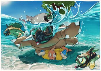 >_< air_bubble blank_eyes border bubble closed_eyes clothed_pokemon colored_sclera commentary_request crushing day evolutionary_line floatzel gen_4_pokemon grotle highres how_long looking_at_another nintendo no_humans ocean open_mouth outdoors partially_submerged partially_underwater_shot poke_ball pokemon pokemon_(creature) pokemon_focus shadow shell snorkel spikes sunlight swimming torterra tree turtwig underwater viewfinder water white_border yellow_sclera