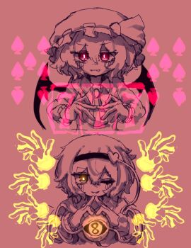 Rule 34 | 2girls, ascot, bat wings, blush, brooch, commentary request, eyeball, fang, grin, hair ornament, hairband, hat, hat ribbon, heart, heart hair ornament, highres, jewelry, komeiji satori, korean commentary, long sleeves, medium hair, mob cap, monochrome, multiple girls, one eye closed, open mouth, pink theme, rampa93, red eyes, remilia scarlet, ribbon, shirt, skin fang, smile, spade (shape), third eye, touhou, wings, yellow eyes