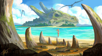 1girl blonde_hair blue_sky bone chinnkun cloud dragon fantasy from_behind island landscape long_hair mountainous_horizon nude ocean original painterly rock shore signature skull sky
