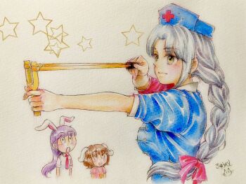 Rule 34 | 3girls, :o, animal ears, blue dress, blue hat, blush, braid, braided ponytail, breasts, brown hair, carrot necklace, chibi, constellation print, cross, dress, floppy ears, grey hair, hat, highres, inaba tewi, jewelry, large breasts, long hair, multiple girls, necklace, necktie, nurse cap, open mouth, pink dress, purple hair, q-bee (aaru), rabbit ears, red cross, red dress, red necktie, red ribbon, reisen udongein inaba, ribbon, shirt, short hair, slingshot (weapon), star (symbol), surprised, touhou, traditional media, two-tone dress, white background, white shirt, yagokoro eirin, yellow eyes