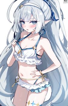 1girl absurdres bare_shoulders bikini blush breasts cleavage fang female_tyrant_(stella_sora) grey_hair hairband hand_on_own_hip highres long_hair looking_at_viewer navel official_alternate_costume parted_lips pointy_ears revision sak_(lemondisk) simple_background solo stella_sora stomach swimsuit tyrant_(stella_sora) very_long_hair white_background white_bikini white_hairband