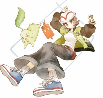 1girl asuka_rkgk bell-bottoms belt breasts brown_eyes brown_hair chikorita collarbone gen_2_pokemon gen_4_pokemon green_jacket harmony_(pokemon) hat jacket leaf long_sleeves mega_ring nintendo open_clothes open_jacket open_mouth pants parted_lips pokemon pokemon_(creature) pokemon_legends:_z-a red_eyes ribbed_socks rotom rotom_phone shirt shoes short_hair socks striped_hat white_hat white_shirt white_socks