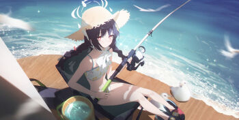 1girl absurdres bikini bird black_hair blue_archive braid chair crocs fishing_rod hat highres holding holding_fishing_rod leaf_print looking_at_viewer miyu_(blue_archive) miyu_(swimsuit)_(blue_archive) ocean official_alternate_costume official_alternate_hairstyle on_chair red_eyes sitting solo straw_hat swimsuit twin_braids white_bikini xiao_sa_(hayatekkk)
