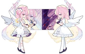 1girl black_shoes blonde_hair blood blue_archive commentary_request crying crying_with_eyes_open cuts dress feathered_wings from_behind hair_bun halo high_heels holding injury long_hair mika_(blue_archive) multicolored_hair multiple_views nagakiras2 own_hands_together pantyhose pink_hair profile scrunchie shoes simple_background single_side_bun standing tears torn_clothes torn_pantyhose very_long_hair white_dress white_pantyhose white_wings wing_ornament wings wrist_scrunchie yellow_eyes