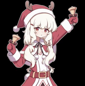 1girl absurdres antlers aoba_(blue_archive) bell belt black_background black_ribbon blonde_hair blue_archive breath capelet christmas commentary_request fake_antlers fluffy_hair fur-trimmed_capelet fur-trimmed_gloves fur-trimmed_headwear fur_trim gloves hair_ornament hairclip hand_up hat highres holding holding_bell horns kedegn korean_commentary long_hair long_sleeves looking_at_viewer low_twintails neck_ribbon no_halo open_mouth outline plaid_clothes plaid_skirt pleated_skirt red_belt red_capelet red_eyes red_gloves red_hat red_skirt reindeer_antlers ribbon santa_costume santa_hat shirt simple_background skirt solo sweatdrop twintails upper_body white_outline white_shirt