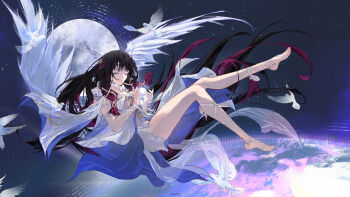 1girl absurdres bare_shoulders black_hair blunt_bangs closed_eyes closed_mouth columbina_(genshin_impact) commentary_request cr3st0 dress feathered_wings full_body genshin_impact gradient_hair hair_ribbon head_wings highres long_sidelocks multicolored_hair multiple_wings pink_hair ribbon sidelocks smile solo upper_body white_dress white_ribbon white_wings wings wrist_ribbon