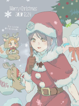 1girl 2020 2boys belt breasts christmas christmas_ornaments christmas_tree dated dress hat highres konan_(naruto) meitarou merry_christmas multiple_boys nagato_(naruto) naruto_(series) naruto_shippuuden purple_hair santa_hat short_hair yahiko_(naruto)