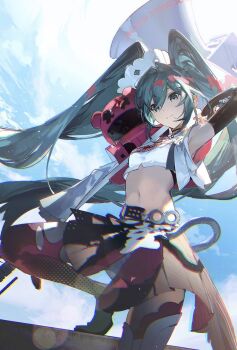 1girl black_gloves black_pants blue_background blue_eyes blue_hair breasts cloud commentary commentary_request cropped_shirt elbow_gloves english_commentary fingerless_gloves gloves goodsmile_company goodsmile_racing green_shoes hair_between_eyes hatsune_miku highres holding holding_megaphone karasuro looking_at_viewer megaphone multicolored_hair navel pants pink_hair racing_miku racing_miku_(2025) shirt shoes sleeveless sleeveless_shirt small_breasts smile solo squatting streaked_hair twintails vocaloid