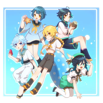 5boys absurdres aether_(genshin_impact) ahoge alternate_costume aqua_hair black_hair blonde_hair blue_hair blush bow bowtie braid chongyun_(genshin_impact) closed_mouth coconut commentary_request corn_kuten drinking_straw food fruit fruit_cup genshin_impact hat highres holding innertube long_hair male_focus multicolored_hair multiple_boys navel neckerchief open_mouth pantyhose sailor_collar school_uniform serafuku short_hair short_sleeves shorts single_braid smile starfish swim_ring twin_braids venti_(genshin_impact) watermelon white_pantyhose xiao_(genshin_impact) xingqiu_(genshin_impact) yellow_neckerchief