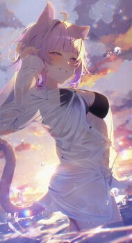 1girl absurdres ahoge alternate_costume animal_ears bikini bikini_under_clothes black_bikini blunt_bangs breasts button_gap cat_ears cat_girl cat_tail cleavage cloud collared_shirt commentary_request day diagonal_bangs dress_shirt grin hand_up heart heart_in_eye highres hololive large_breasts looking_at_viewer nekomata_okayu ocean outdoors partially_unbuttoned purple_eyes purple_hair shirt short_hair smile solo sun sunset swimsuit symbol_in_eye tail tail_under_clothes virtual_youtuber wading wet wet_clothes wet_shirt white_shirt yusha_(lv1_yusha_522)