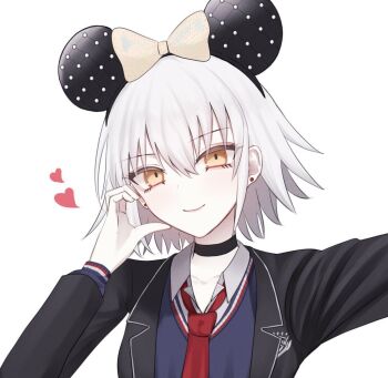 1girl black_jacket closed_mouth commentary_request fate/grand_order fate_(series) grey_hair hair_between_eyes heart jacket jeanne_d'arc_alter_(fate) looking_at_viewer minnie_mouse_ears necktie official_alternate_costume pseudo-tokyo_school_uniform red_necktie roro_982 school_uniform short_hair smile solo yellow_eyes