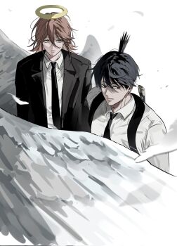 Rule 34 | 2boys, angel, angel devil (chainsaw man), angel wings, black hair, black jacket, black necktie, chainsaw man, collared shirt, commentary request, detached wings, feathered wings, from above, hair between eyes, halo, hayakawa aki, highres, jacket, korean commentary, long hair, male focus, multiple boys, necktie, shirt, short hair, simple background, standing, suit jacket, topknot, traditional halo, tus oo, upper body, white background, white shirt, white wings, wings