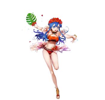 1girl bare_arms bikini blue_eyes blue_hair bracelet breasts bunbun fire_emblem fire_emblem:_the_binding_blade fire_emblem_heroes flower full_body hair_ornament hands_up head_wreath hibiscus high_heel_sandals highres holding jewelry leaf leg_up lilina_(fire_emblem) lilina_(summer)_(fire_emblem) long_hair medium_breasts navel nintendo official_art open_mouth palm_leaf red_bikini sandals second-party_source simple_background solo stomach swimsuit thighs toes transparent_background white_background