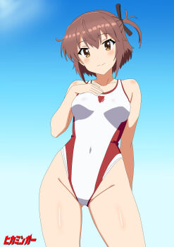 1girl absurdres artist_logo artist_name blue_sky breasts brown_eyes brown_hair cloud commentary_request competition_swimsuit covered_navel etou_kanami hand_on_own_chest highleg highleg_one-piece_swimsuit highres hikamingaa logo medium_breasts one-piece_swimsuit one_side_up short_hair sky smile solo swimsuit toji_no_miko two-tone_swimsuit white_one-piece_swimsuit