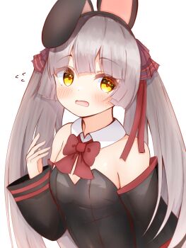 Rule 34 | 1girl, alternate costume, animal ear hairband, animal ears, bare shoulders, black hairband, black leotard, blunt bangs, blunt ends, blush, bow, bowtie, breasts, brown hair, commentary request, detached collar, detached sleeves, fake animal ears, flying sweatdrops, frapan pan, hair ribbon, hairband, hand up, heaven burns red, hime cut, leotard, long hair, long sleeves, looking at viewer, ogasawara hisame, open mouth, playboy bunny, rabbit ear hairband, rabbit ears, red bow, red bowtie, red pupils, red ribbon, ribbon, sidelocks, simple background, small breasts, solo, strapless, strapless leotard, twintails, upper body, very long hair, white background, wide sleeves, yellow eyes