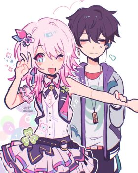 1boy 1girl ;d aoyagi_touya aoyagi_touya_(cosplay) bare_shoulders behind_another belt black_hair black_pants blue_eyes blush cat_(chiricat) closed_eyes closed_mouth clover_ornament collared_shirt commentary cosplay cowboy_shot cropped_vest dan_heng_(honkai:_star_rail) english_commentary flower grey_jacket hair_between_eyes hair_flower hair_ornament hanasato_minori hanasato_minori_(cosplay) hand_up highres holding_another&#039;s_wrist honkai:_star_rail honkai_(series) hood hood_down hooded_jacket idol_clothes itou_kent jacket layered_shirt layered_skirt long_sleeves looking_at_viewer march_7th_(honkai:_star_rail) medium_hair multicolored_eyes o-ring o-ring_belt ogura_yui one_eye_closed open_clothes open_jacket open_mouth open_vest outstretched_arm pants pink_eyes pink_hair project_sekai red_shirt shirt short_hair sidelocks simple_background single_arm_cuff single_bare_arm skirt sleeveless sleeveless_shirt smile sweatdrop twitter_username two-sided_fabric two-sided_jacket two-tone_eyes v very_short_hair vest voice_actor_connection white_background white_shirt white_skirt