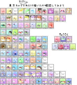 Rule 34 | >:3, 6+girls, :3, advent cirno, aki minoriko, aki shizuha, alice margatroid, alice margatroid (pc-98), blonde hair, chart, chen, cirno, daiyousei, double spoiler, elis (touhou), embodiment of scarlet devil, everyone, flandre scarlet, fujiwara no mokou, futatsuiwa mamizou, hakurei reimu, hakurei reimu (pc-98), hieda no akyuu, highres, hijiri byakuren, himekaidou hatate, hinanawi tenshi, hong meiling, hoshiguma yuugi, houjuu nue, hourai doll, houraisan kaguya, ibaraki kasen, ibuki suika, immaterial and missing power, imperishable night, inaba tewi, inubashiri momiji, izayoi sakuya, kaenbyou rin, kagiyama hina, kaku seiga, kamishirasawa keine, kasodani kyouko, kawashiro mitori, kawashiro nitori, kazami yuuka, kirisame marisa, kisume, koakuma, kochiya sanae, komeiji koishi, komeiji satori, konpaku youmu, konpaku youmu (ghost), kumoi ichirin, kurodani yamame, letty whiterock, lily black, lily white, luna child, lunasa prismriver, lyrica prismriver, m.u.g.e.n, maribel hearn, medicine melancholy, merlin prismriver, mima (touhou), miyako yoshika, mizuhashi parsee, mononobe no futo, morichika rinnosuke, moriya suwako, mountain of faith, multiple girls, murasa minamitsu, mystia lorelei, nazrin, no humans, noiz, okazaki yumemi, onozuka komachi, original, patchouli knowledge, perfect cherry blossom, phantasmagoria of flower view, reisen udongein inaba, reiuji utsuho, remilia scarlet, rumia, saigyouji yuyuko, sariel (touhou), scarlet weather rhapsody, sendai hakurei no miko, sendai hakurei no miko (m.u.g.e.n), shameimaru aya, shanghai doll, shiki eiki, shinki (touhou), shoot the bullet, soga no tojiko, star sapphire, su-san, subterranean animism, sukusuku hakutaku, sunny milk, tatara kogasa, ten desires, tokiko (touhou), toramaru shou, touhou, touhou (pc-98), touhou hisoutensoku, toyosatomimi no miko, undefined fantastic object, unzan, usami renko, v-shaped eyebrows, watatsuki no toyohime, watatsuki no yorihime, wriggle nightbug, yagokoro eirin, yakumo ran, yakumo yukari, yasaka kanako, yousei daisensou, zun