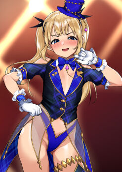 1girl blonde_hair blue_eyes blush breasts coattails dead_or_alive gloves hadacra hat highleg long_hair looking_at_viewer marie_rose open_mouth revealing_clothes showgirl small_breasts smile solo top_hat twintails vest