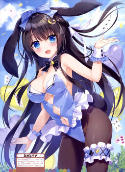 Rule 34 | 1girl, :d, absurdres, ameto yuki, animal ears, armpit crease, artist name, balloon, bare arms, bare shoulders, black bow, black bowtie, black hair, black pantyhose, blue bow, blue eyes, blue leotard, blue sky, blush, bow, bowtie, breasts, card, cleavage, clothing cutout, cloud, cloudy sky, cowboy shot, crescent, crescent hair ornament, cutout above navel, day, dengeki moeoh, detached collar, diamond cutout, floating card, frilled thigh strap, full cleavage, hair bow, hair ornament, hair ribbon, hand up, heart balloon, highleg, highleg leotard, highres, leaning forward, leotard, long hair, long sidelocks, looking at viewer, lop rabbit ears, magazine scan, medium breasts, navel cutout, noir (ameto yuki), open mouth, original, outdoors, pantyhose, playboy bunny, playing card, rabbit ears, rabbit girl, rabbit tail, ribbon, scan, sideboob, sidelocks, sky, smile, solo, spade (shape), standing, star (symbol), star hair ornament, strapless, strapless leotard, tail, thigh strap, third-party source, translation request, underboob cutout, very long hair, white ribbon, white wrist cuffs, wrist cuffs
