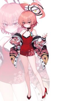 1girl absurdres ahoge black_bra black_halo blue_archive bra bra_peek braid double_strap_slip dress halo high_heels highres huge_ahoge jacket kyundoo looking_at_viewer mole mole_under_each_eye mole_under_eye multiple_moles neru_(blue_archive) orange_hair print_jacket red_dress red_eyes short_dress single_braid sleeveless sleeveless_dress strap_slip sukajan underwear zoom_layer