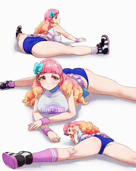 1girl aikatsu! aikatsu!_(series) ass expressionless flexible highres looking_at_viewer looking_back panties simple_background split stdl tagme underwear white_background yuki_aine