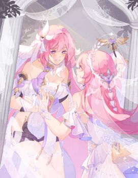 2girls bare_shoulders bell black_shorts breasts bridal_veil cleavage commentary company_connection corset cyrene_(demiurge)_(honkai:_star_rail) cyrene_(honkai:_star_rail) dress elysia_(herrscher_of_human:_ego)_(honkai_impact) elysia_(honkai_impact) english_commentary gloves halo highres holding_hands honkai:_star_rail honkai_(series) honkai_impact_3rd inoue_marina large_breasts long_hair multicolored_hair multiple_girls pink_hair purple_eyes short_shorts shorts smile toadseater triquetra two-tone_hair veil very_long_hair voice_actor_connection white_corset white_dress white_gloves white_hair white_veil yanning