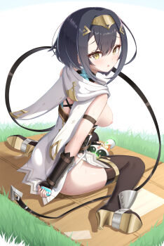 1girl absurdres amber_(stella_sora) ass backless_outfit black_gloves black_hair black_thighhighs breasts commentary_request female_masturbation fingerless_gloves full_body gloves gplnbeat grass high_heels highres looking_at_viewer masturbation nipples open_mouth partial_commentary pussy_juice sex_toy sidelocks sitting solo stella_sora thighhighs vibrator wariza yellow_eyes