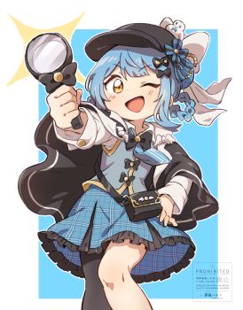 1girl ;d black_bag black_bow black_capelet black_hat black_pantyhose blue_background blue_hair blue_skirt border bow braid braided_hair_rings capelet commentary_request deerstalker detective feet_out_of_frame frilled_skirt frills grey_vest hair_rings hand_on_own_hip hand_up haruno_under hat highres holding holding_magnifying_glass long_sleeves looking_at_viewer magnifying_glass mahou_shoujo_no_majo_saiban miniskirt one_eye_closed open_mouth pantyhose short_hair single_leg_pantyhose skirt smile solo sparkle standing tachibana_sherry vest white_border yellow_eyes