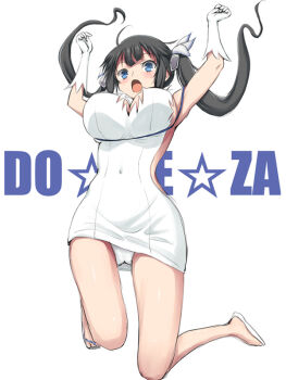 1girl :o armpits arms_up barefoot black_hair blue_eyes blunt_bangs blush breasts commentary_request dress dungeon_ni_deai_wo_motomeru_no_wa_machigatteiru_darou_ka floating_hair from_below full_body gloves hestia_(danmachi) kneeling large_breasts long_hair looking_at_viewer niwatori_kokezou open_mouth panties romaji_text sandals short_dress sketch sleeveless sleeveless_dress solo twintails underwear white_dress white_gloves white_panties white_sandals