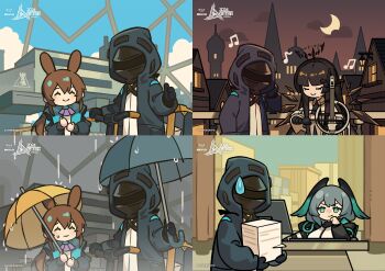 1other 3girls ambience_synesthesia amiya_(arknights) animal_ears aqua_feathers aqua_wings arknights black_halo bow_(music) broken_halo cello chibi closed_eyes dark_halo day desk detached_wings doctor_(arknights) energy_wings favilia halo head_wings highres hime_cut ho'olheyak_(arknights) holding holding_bow_(music) holding_instrument holding_paper holding_umbrella holding_violin instrument long_hair multiple_girls night office paper paper_stack rabbit_ears rabbit_girl rain rhodes_island_logo_(arknights) smile sweatdrop two-tone_wings umbrella violin virtuosa_(arknights) wings