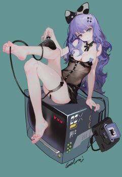 1girl absurdres arm_support bare_legs barefoot between_toes bow breasts censored commentary controller crt dorsiflexion dress eyelashes feet full_body game_cartridge game_console game_controller grandia_lee green_background hair_bow hair_ornament hand_up head_tilt heart heart_censor highres knee_up large_breasts leg_up legs long_hair nipple_slip nipples original purple_eyes purple_hair revealing_clothes see-through_clothes see-through_dress sidelocks signature simple_background sitting skindentation soles solo symbol-only_commentary thigh_strap toenails toes very_long_hair
