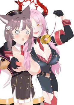 2girls @_@ animal_ear_fluff animal_ears armband belt black_gloves blue_archive blush bra breasts breasts_out brown_hair buttons chisaka_airi cleavage coin coin_on_string demon_horns detached_collar double-breasted fangs flower fox_ears fox_girl garter_straps gloves grabbing_another&#039;s_breast grabbing_from_behind groping hair_flower hair_ornament half_gloves halo hat holed_coin horns hypnosis jacket large_breasts long_hair long_sleeves military_uniform mind_control mole mole_on_breast multicolored_hair multiple_girls necktie nipples open_mouth pendulum phase_connect pink_hair rayos red_armband red_bra red_eyes red_horns red_necktie red_thighhighs satsuki_(blue_archive) short_necktie simple_background skirt smile thighhighs underwear white_background white_hair white_skirt yellow_eyes yuri