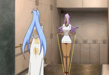 00s 2girls animated animated_gif bad_aspect_ratio blue_hair bouncing_breasts breasts buruma dark-skinned_female dark_skin dragonaut exercising garnet_mclane gym_uniform hair_over_one_eye huge_breasts jump_rope jumping long_hair lowres machina_(dragonaut) multiple_girls pink_hair purple_hair underwear