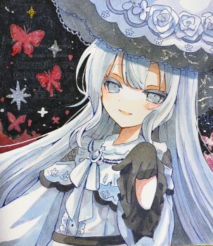 1girl black_background black_gloves brooch bug butterfly flower frilled_sleeves frills gloves grey_eyes hashtag-only_commentary hat hat_flower highres insect jewelry long_hair long_sleeves looking_at_viewer mahou_shoujo_no_majo_saiban neck_ribbon open_mouth pointing pointing_down poyo_(poyo2255) ribbon rose smile solo sparkle spoilers traditional_media tsukishiro_yuki upper_body white_flower white_hair white_hat white_ribbon white_rose