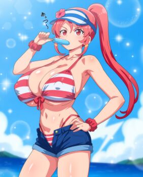 absurdres breasts character_request highres hitokiwa_kenchin inazuma_eleven inazuma_eleven_(series) inazuma_eleven_victory_road large_breasts pink_hair ponytail solo swimsuit