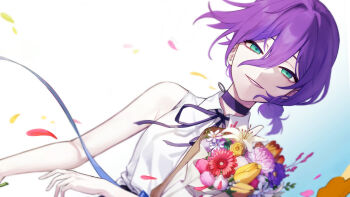 1girl absurdres bare_shoulders black_choker black_ribbon blue_background bouquet chainsaw_man choker dutch_angle falling_petals flower gradient_background green_eyes hair_between_eyes highres looking_at_viewer melong6cha neck_ribbon petals pink_flower purple_flower purple_hair red_flower reze_(chainsaw_man) ribbon shirt short_hair sleeveless sleeveless_shirt solo upper_body white_background white_flower white_shirt yellow_flower